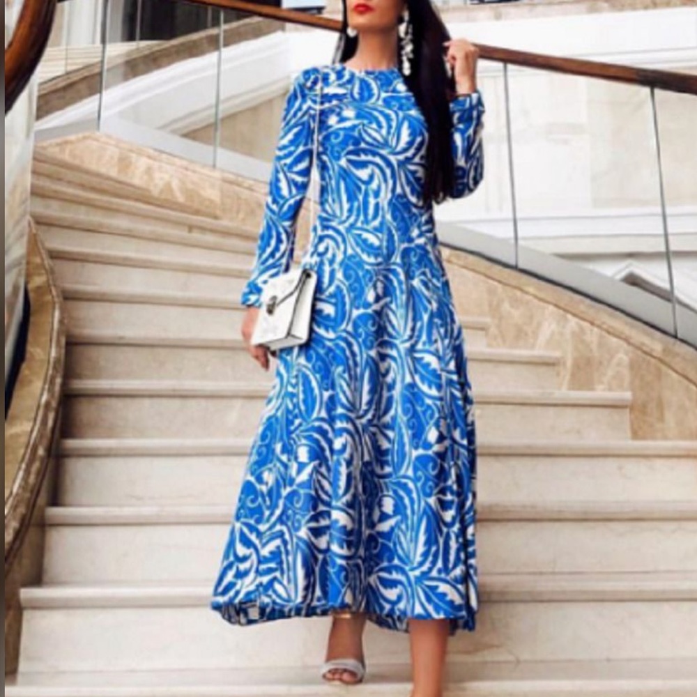 Zara Satin Blue Tan Long Sleeve Midi Dress Size XS - Picture 4 of 13